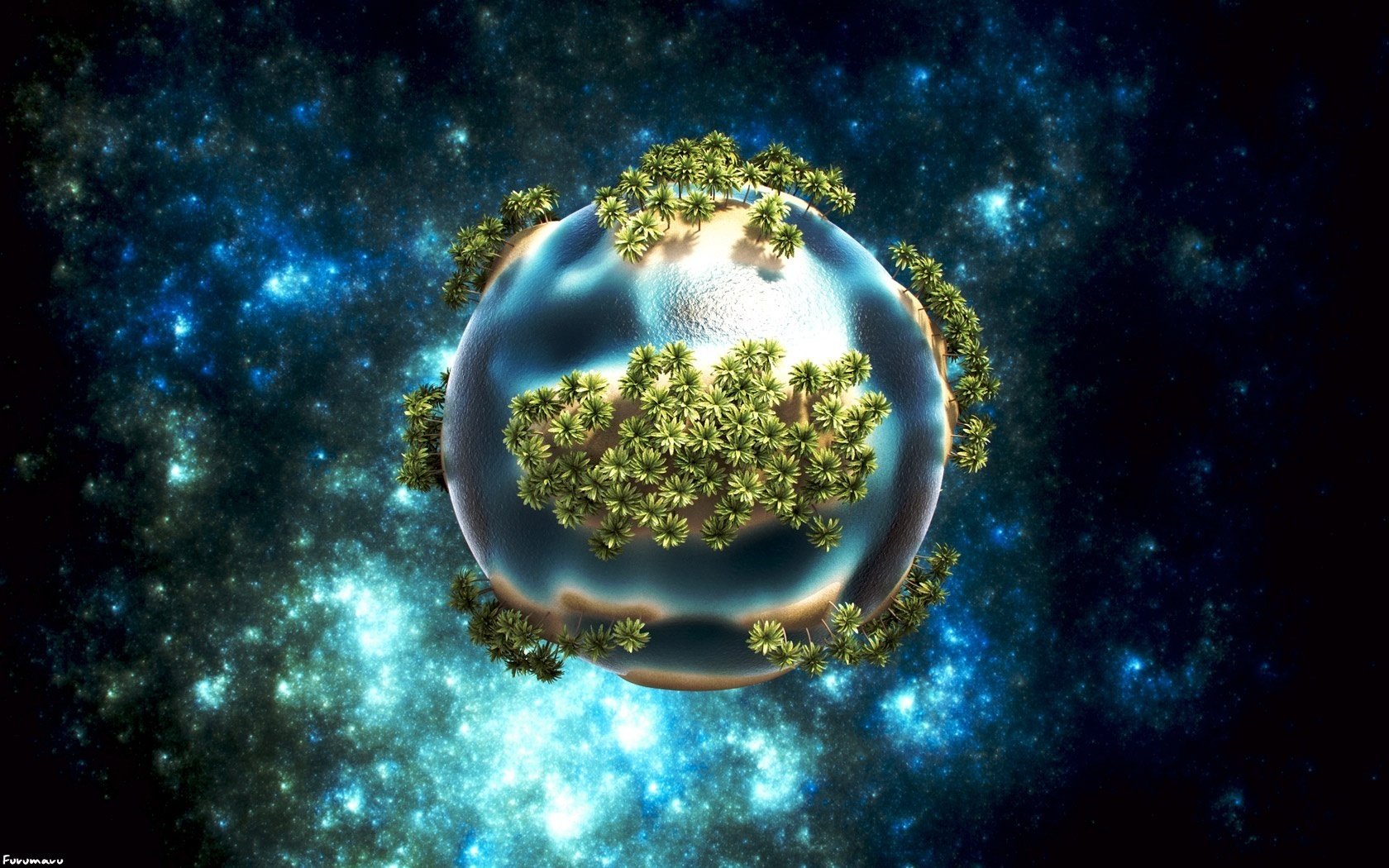 planète décorative palmiers ciel étoilé lueur univers création