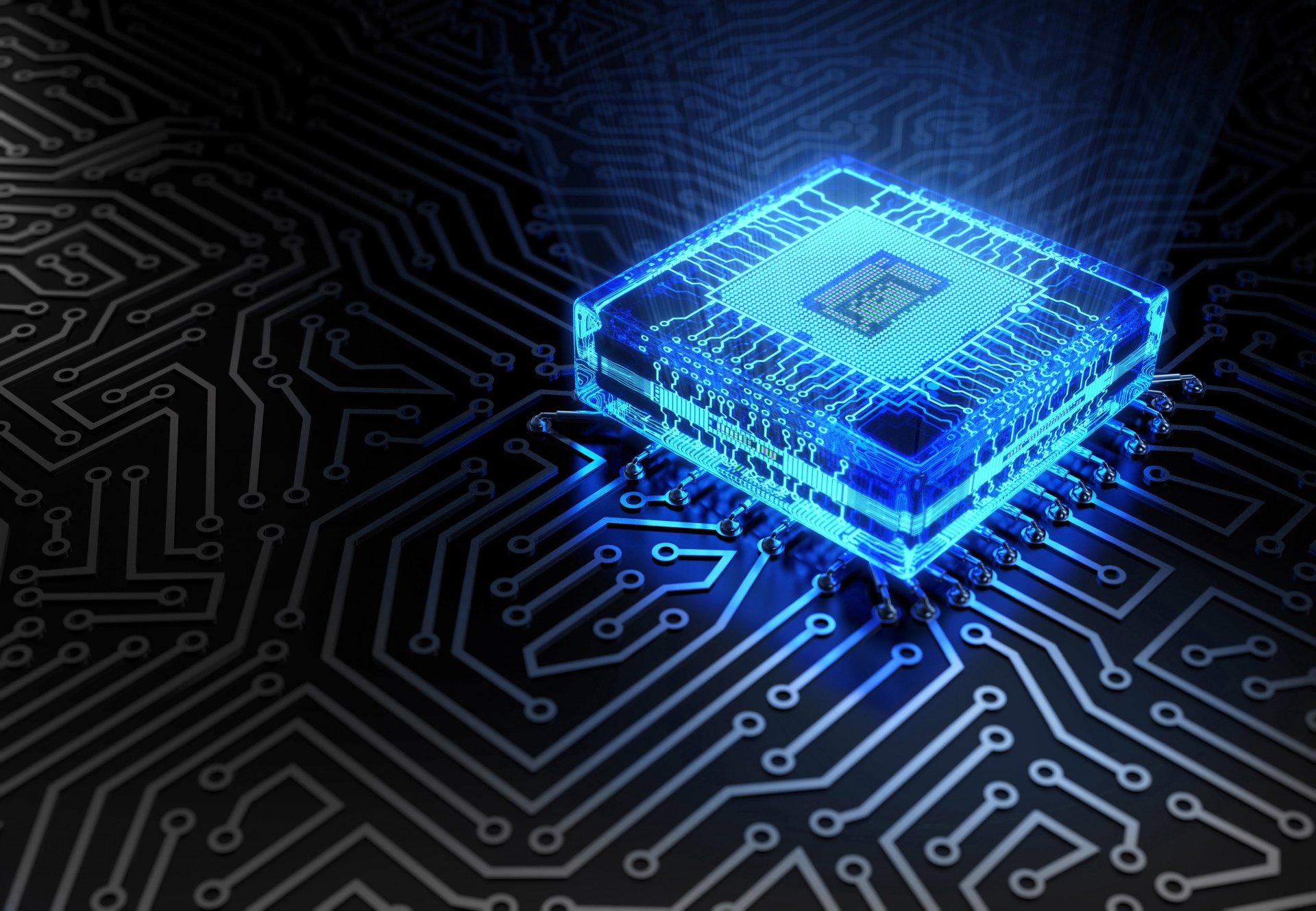 alta tecnología tecnología chip ic microchip pista placa azul color resplandor cpu bokeh macro fondo de pantalla