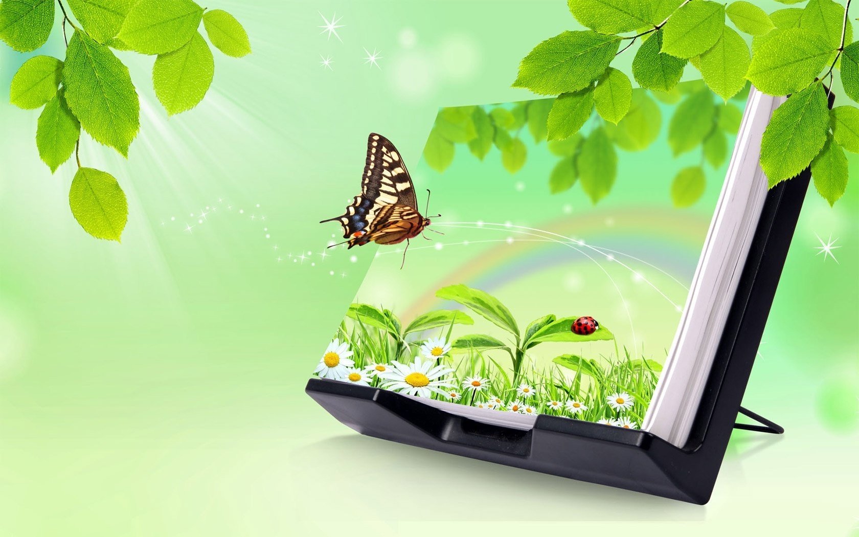 merging with nature new technologies butterfly summer chamomile ladybug leaves greens positive creative