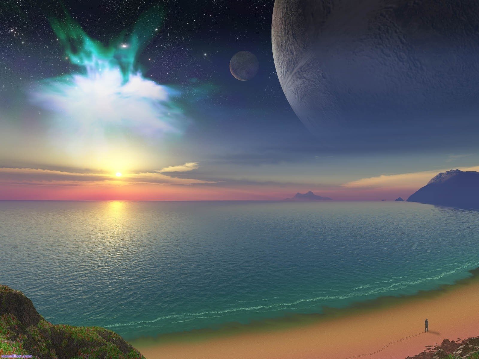 bright flashes pink sunset planet sea horizon sunset shore the sky star