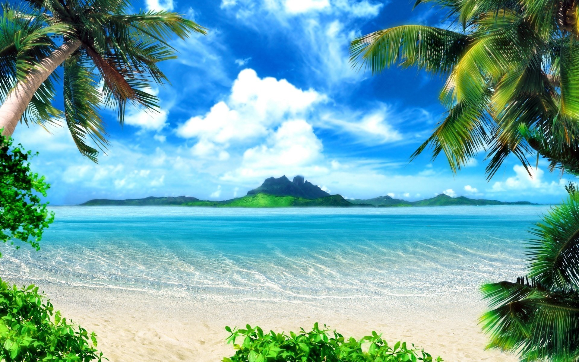 wirling clouds paradise blue water beach water sky palm trees sea island vegetation greenery sand cote d azur paradise coast coast tropics resort