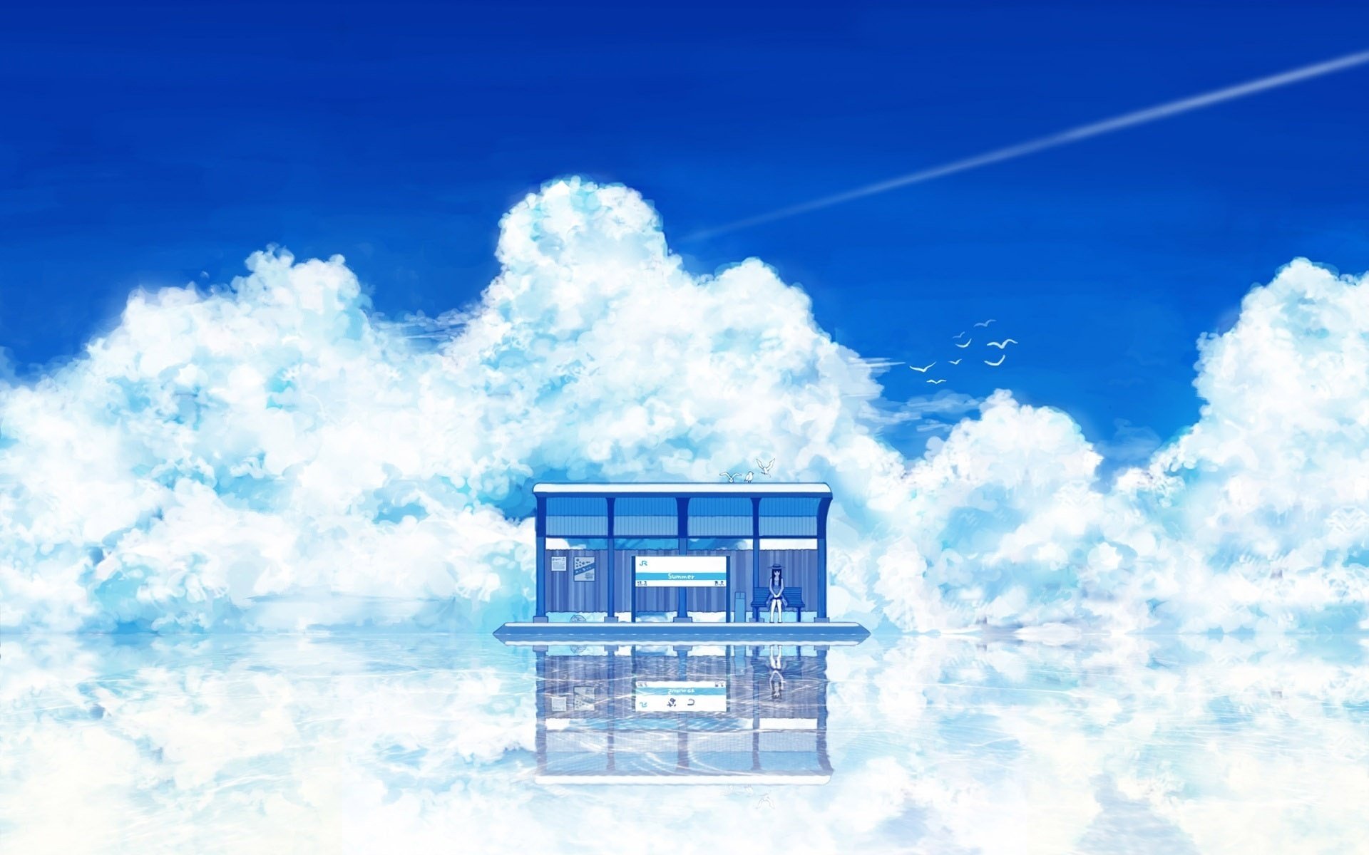 glassy surface blue house clear skies clouds height fantasy aircraft reflection girl sadness drawings anime