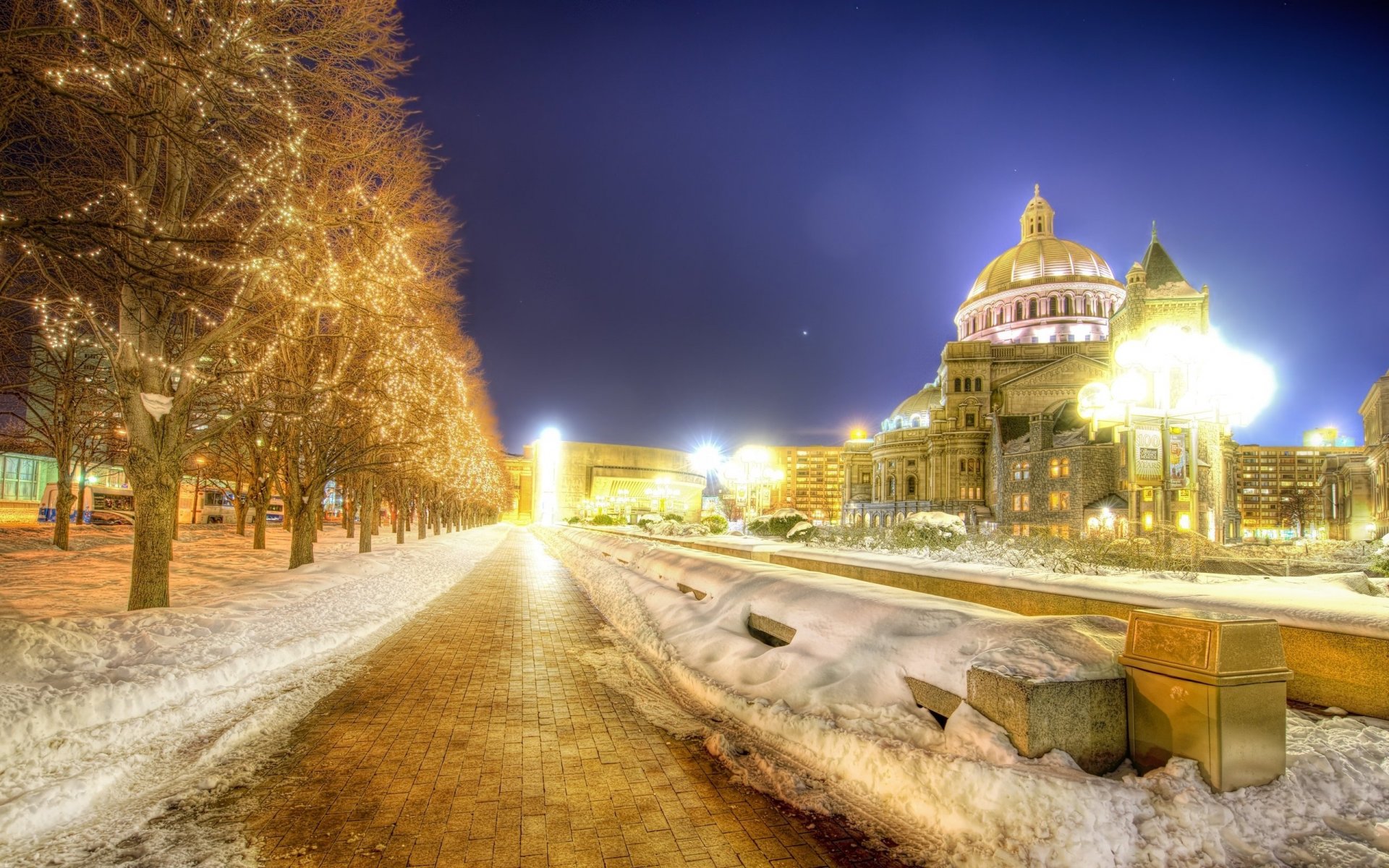 kathedrale in den lichtern der nacht boston gasse städte nacht schnee winter drifts lichter bürgersteig nachthimmel lichter der städte