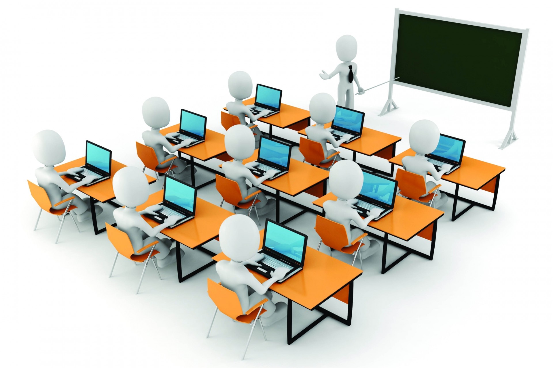 tableau noir bureaux enseignant fond blanc ordinateurs portables hommes écoliers graphiques