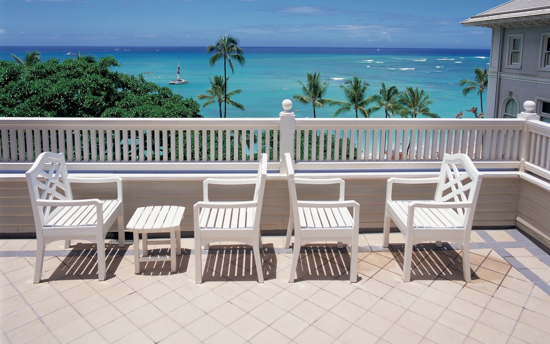 white design chairs on the background of the sea resort stay vacation balcony palm trees horizon sea sailboat wave cote d azur the fence the hotel