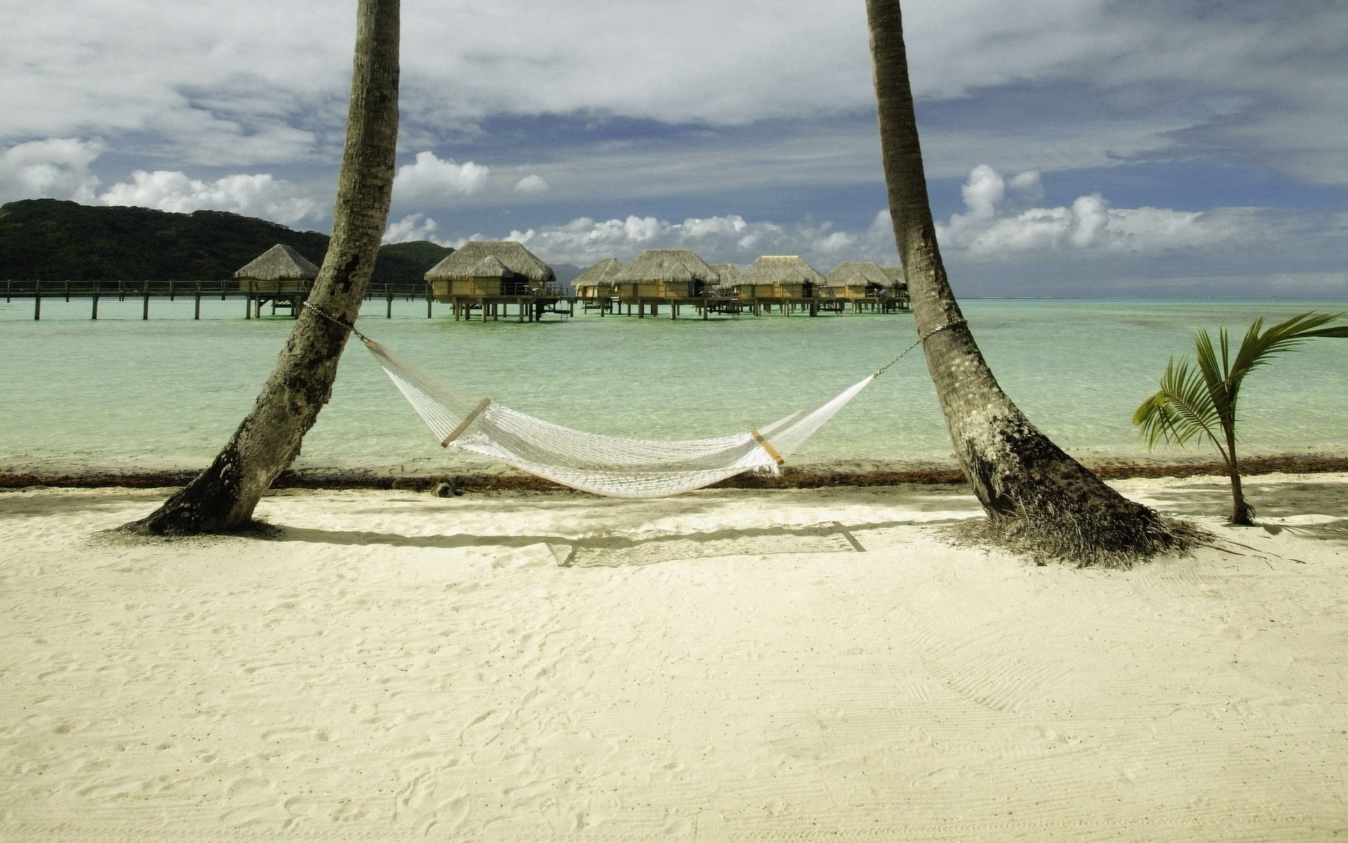 hammock palm tree sea houses beach water sky sand shore ocean islands paradise resort vacation vacation footprints clouds summer heat heat landscape nature