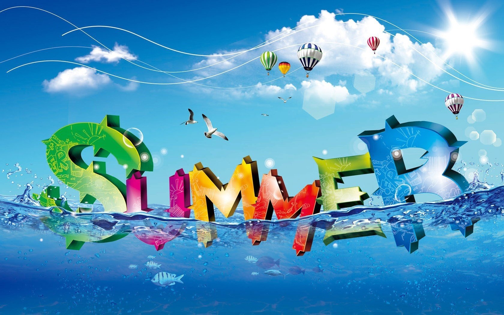 lettere in acqua colori assortiti palloncini estate acqua nuvole cielo gabbiani mare sole positivo