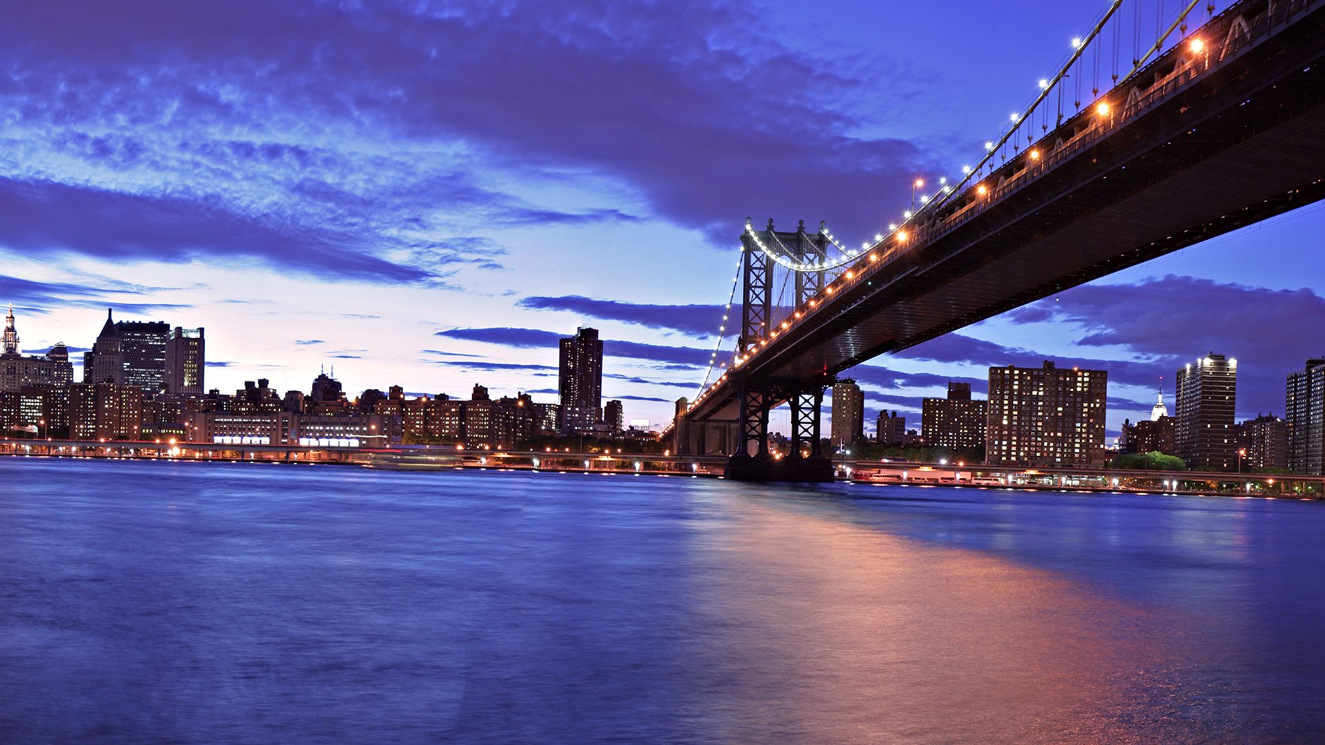 night lights city lights bridge water river reflection building skyscrapers the sky clouds sunset city night the night sky the lights of the city