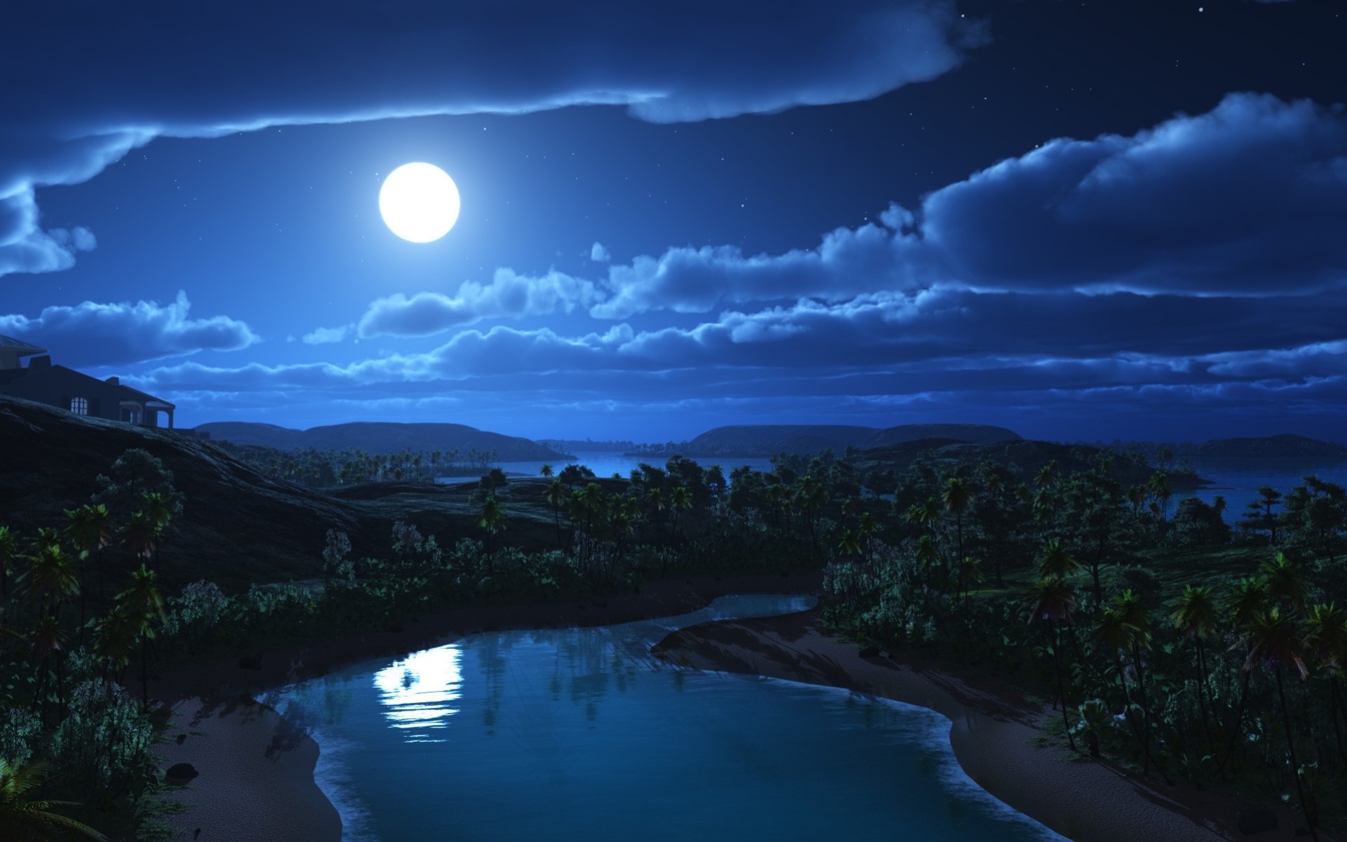 arte paesaggio notte fiume palme colline casa nuvole luna