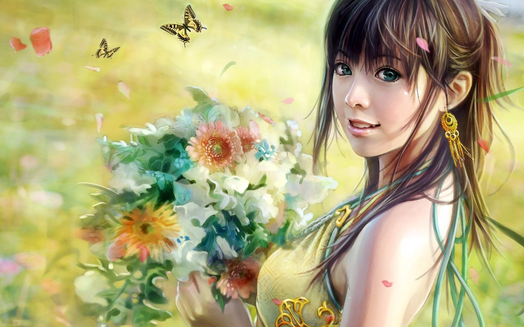 ragazza dipinta fiori di campo occhi verdi