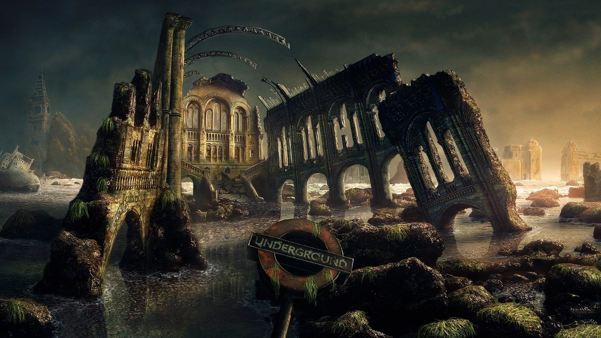 ruined city all overgrown with moss fragment