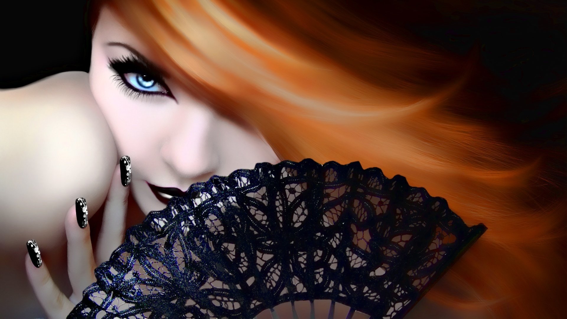 glamouröse sache rote haare schöne augen lippen fächer nägel
