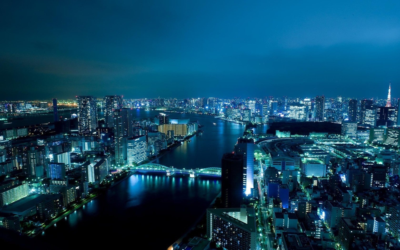 night view panorama water channel the bridge city night the night sky the lights of the city. bridge blue sky lights view blue river surface