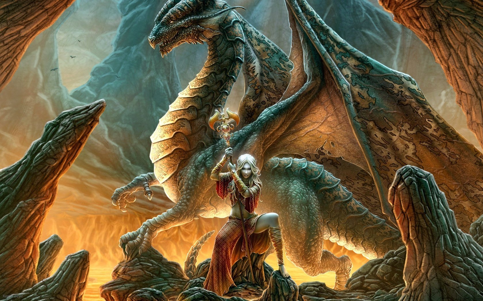 dragón mujer guerrera piedras