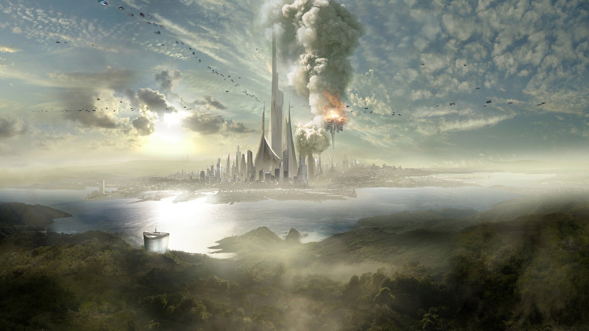 edificios altos isla fuego humo