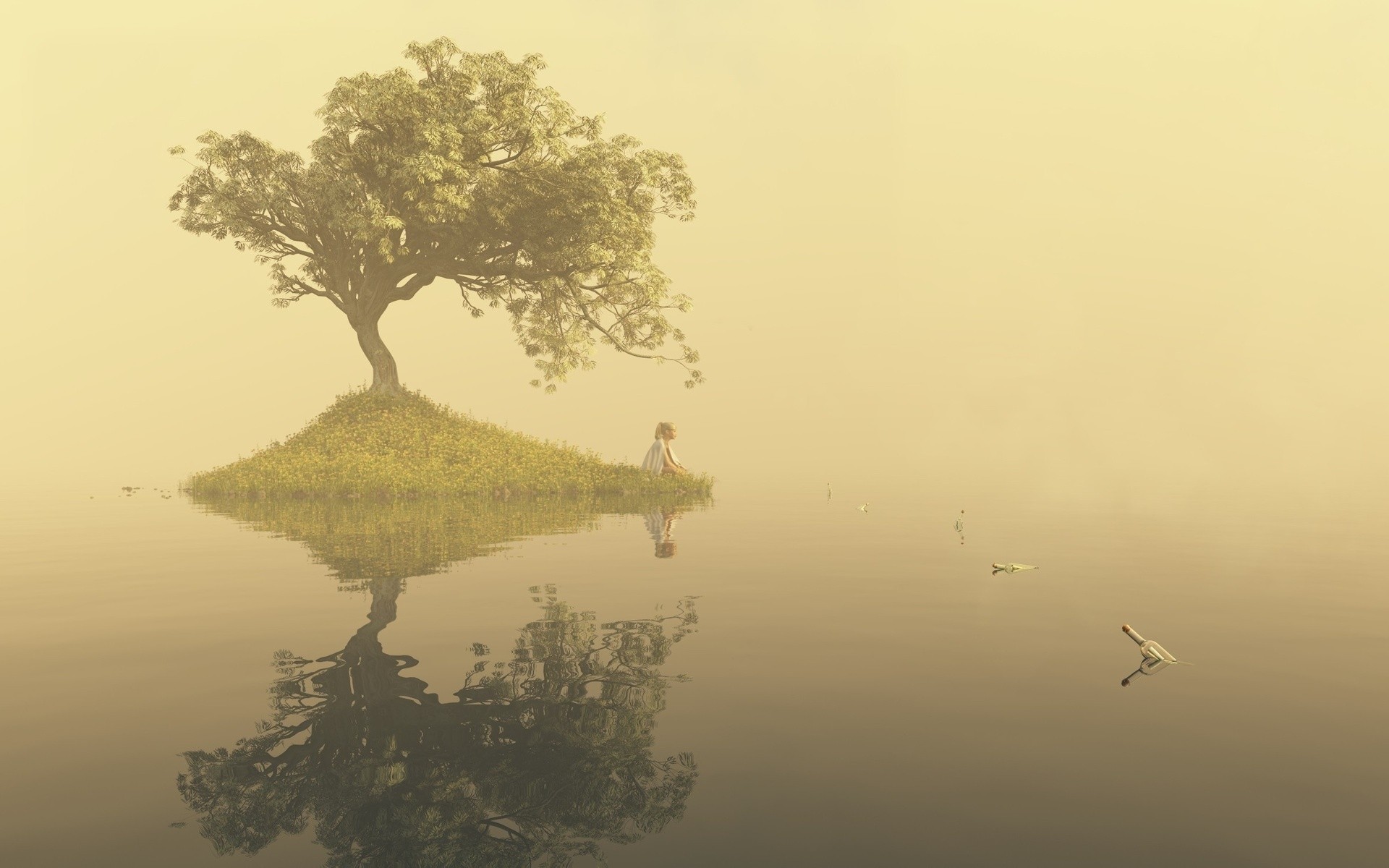 art girl tree lake water island surface of