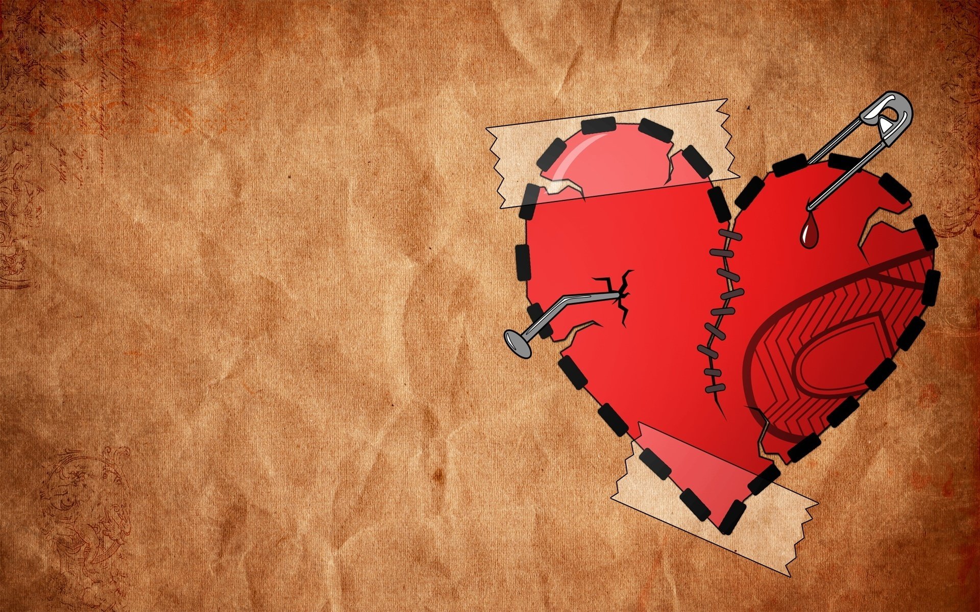 painted heart sewn punched broken pin pain figure scotch wall blood