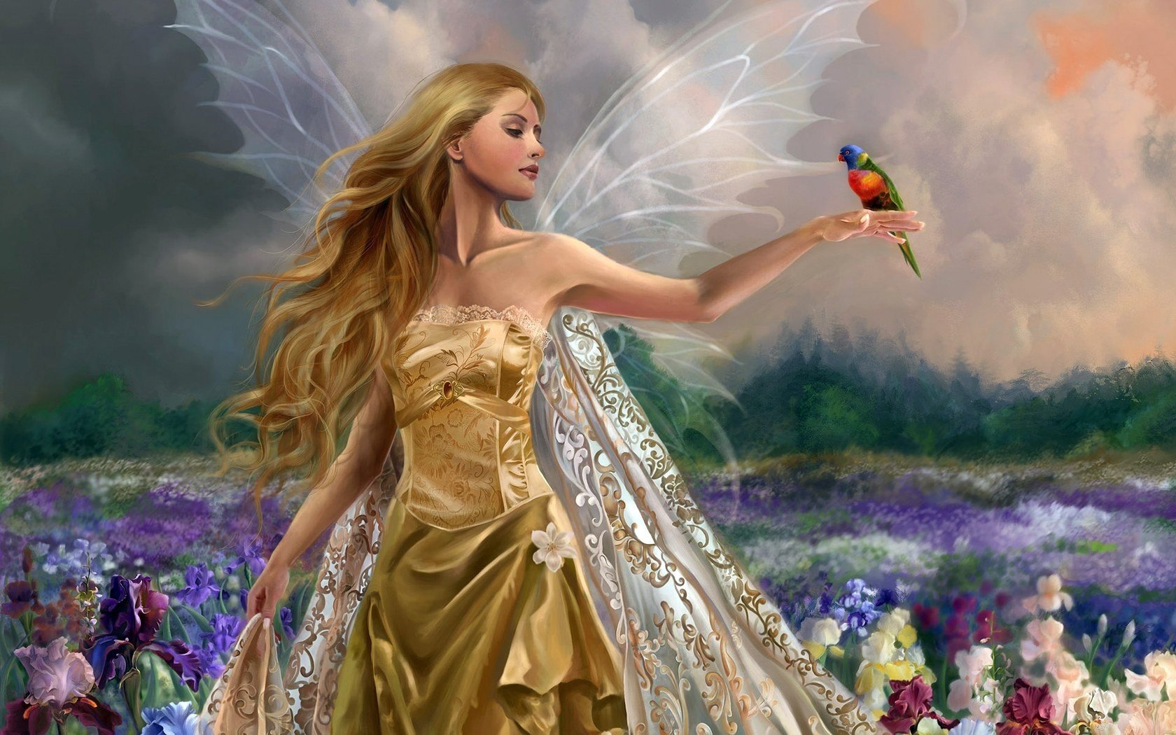 couleurs floues châle en dentelle boucles dorées fleurs fée fille cheveux oiseau conte de fées magie jardin robe princesse beauté