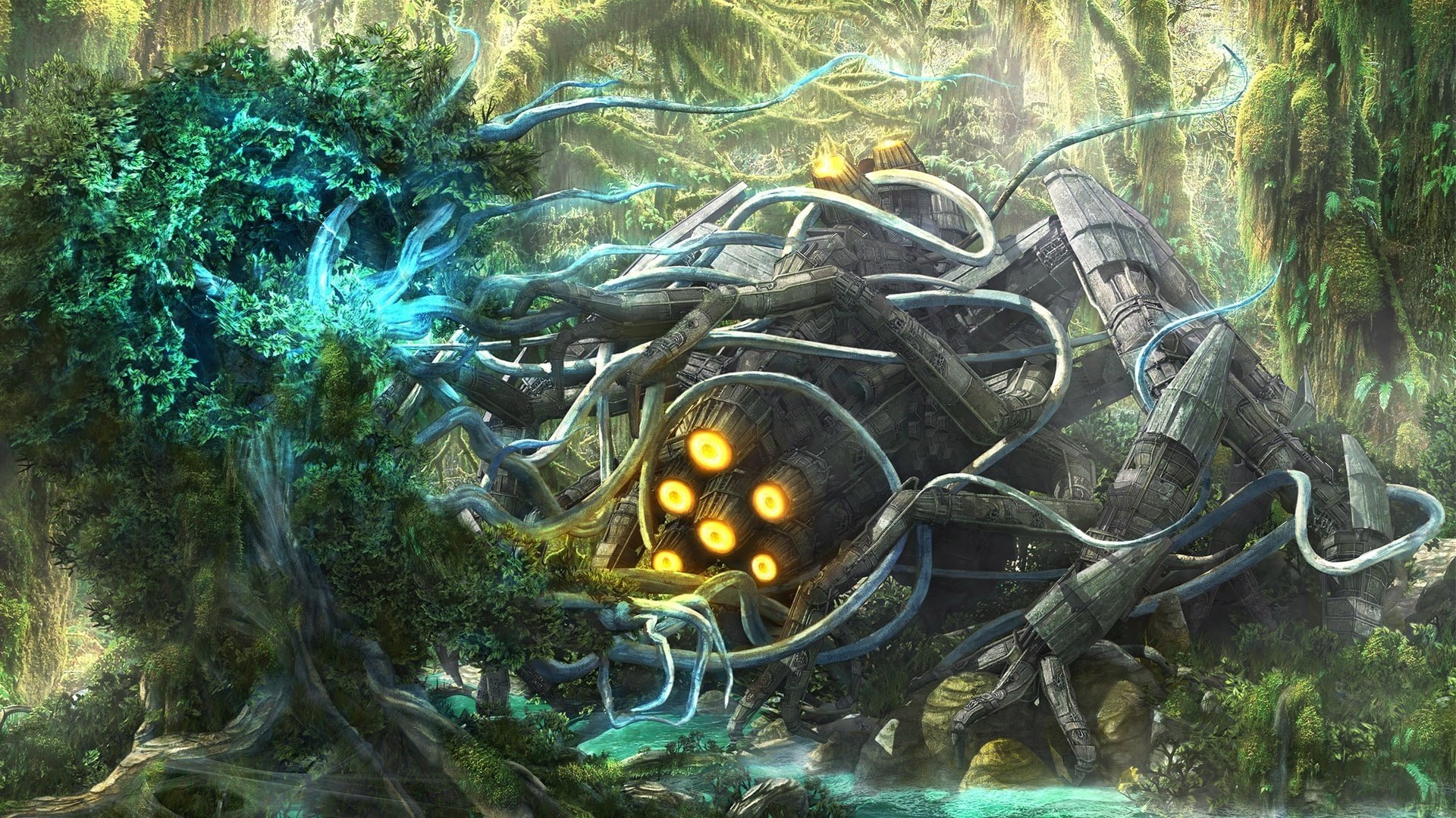 bosque salvaje enredaderas robot