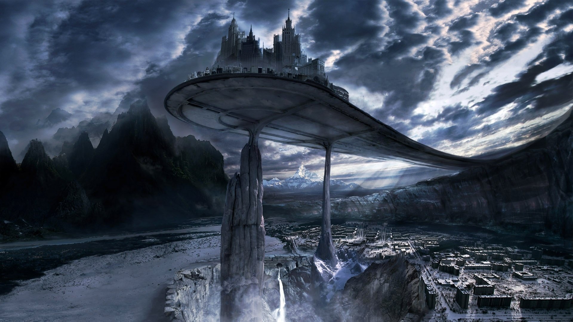 castillo en altura río montañas agua hielo cielo nubes rayos de sol ciudad edificios