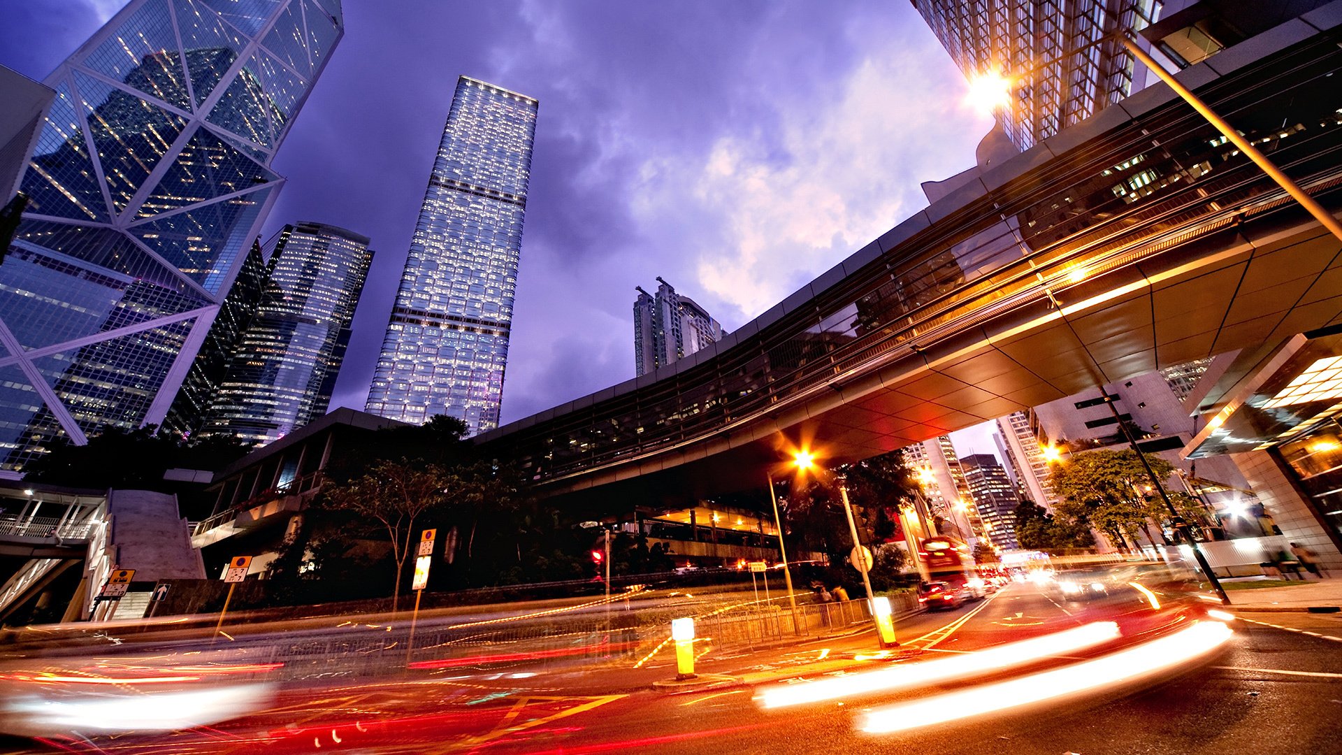 road lights lighting bridge city night the night sky the lights of the city. skyscraper