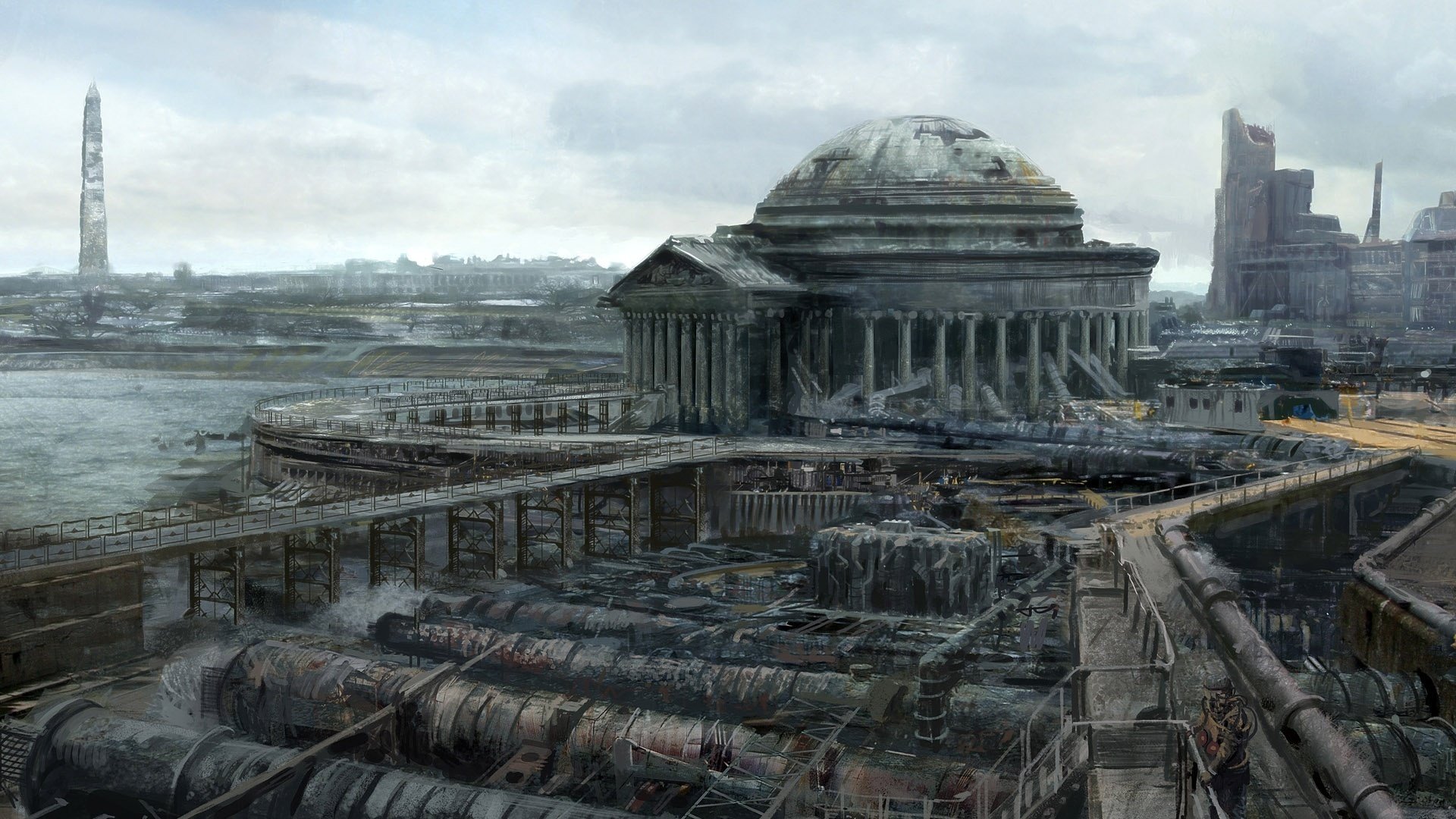 città grigia edifici crollati tubi