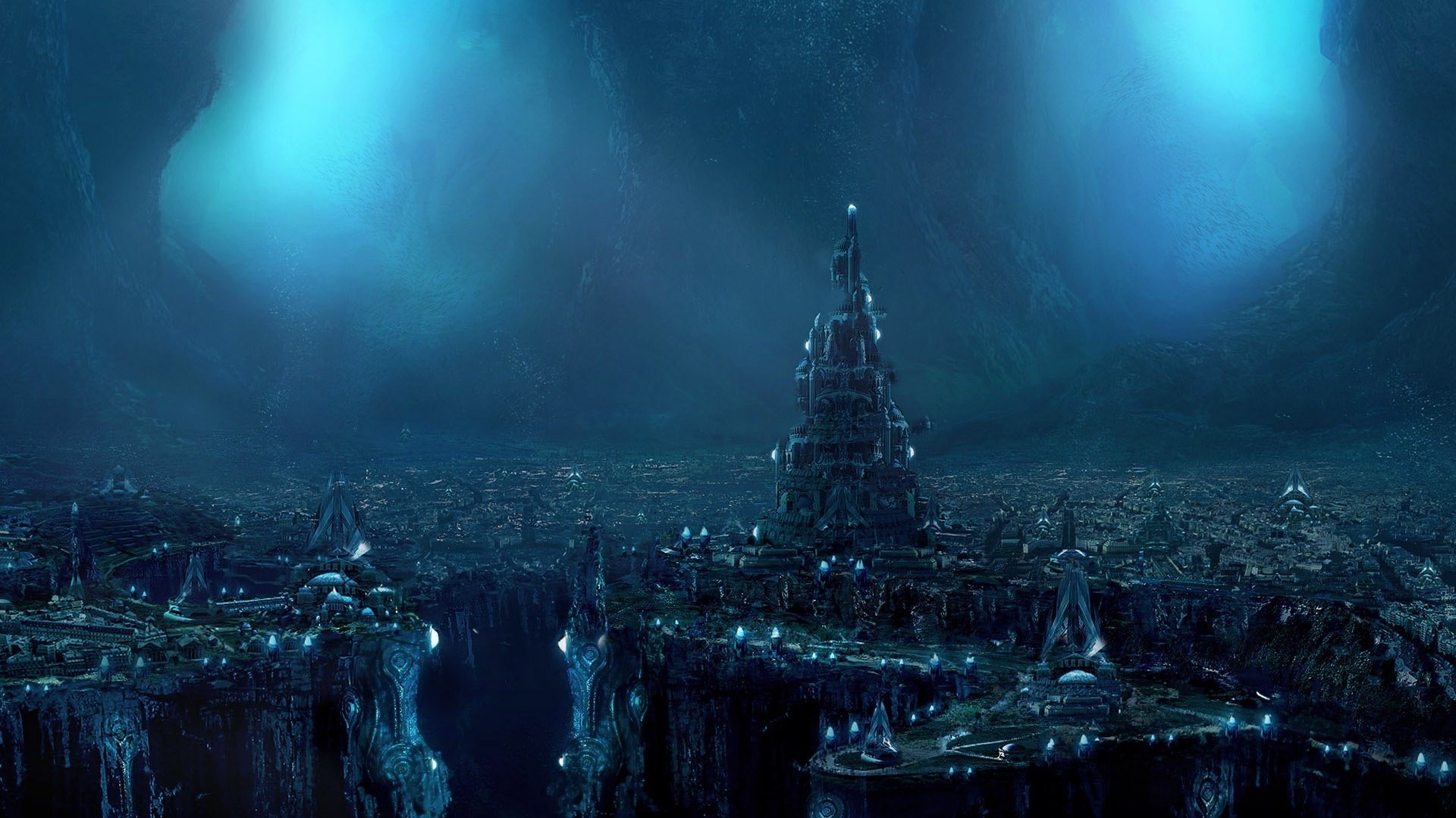 the underground city cliffs lights the city underwater world water sea the ocean
