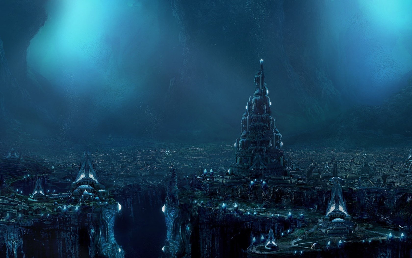 foschia blu strutture fantastiche città notturna