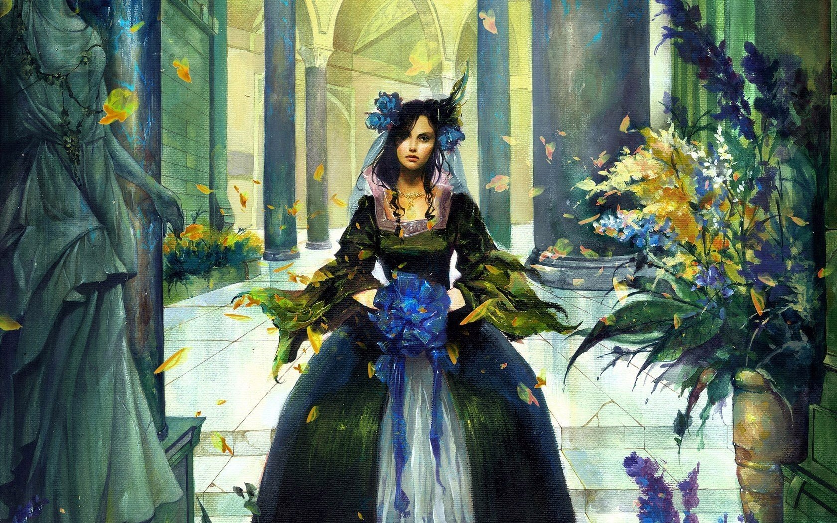 princesse printemps fleurs bleues château fille conte de fées brunette robe feuilles magie