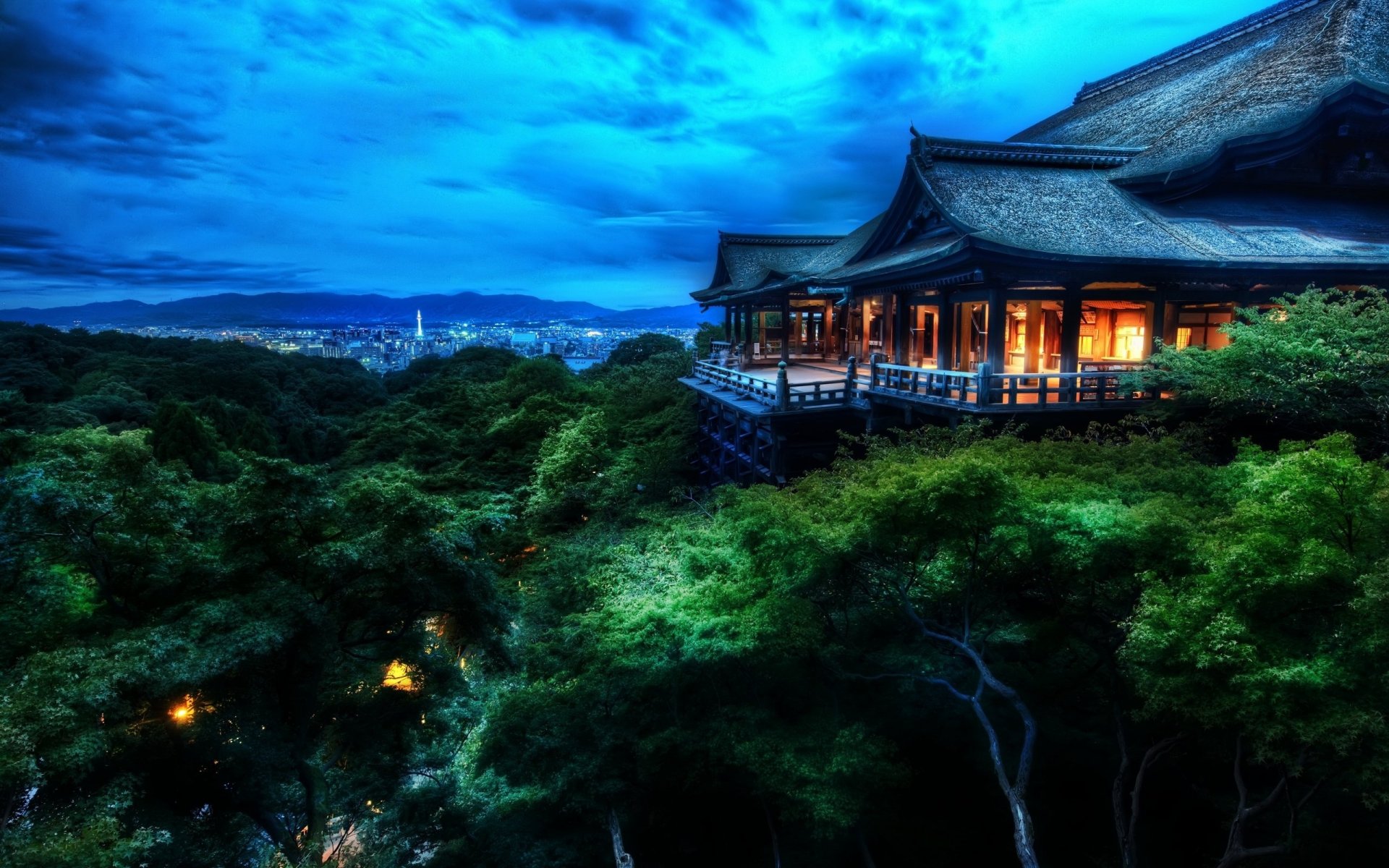 trees light blackaugust japan little house the light in the windows mountains edge view balcony the sky new york background city night