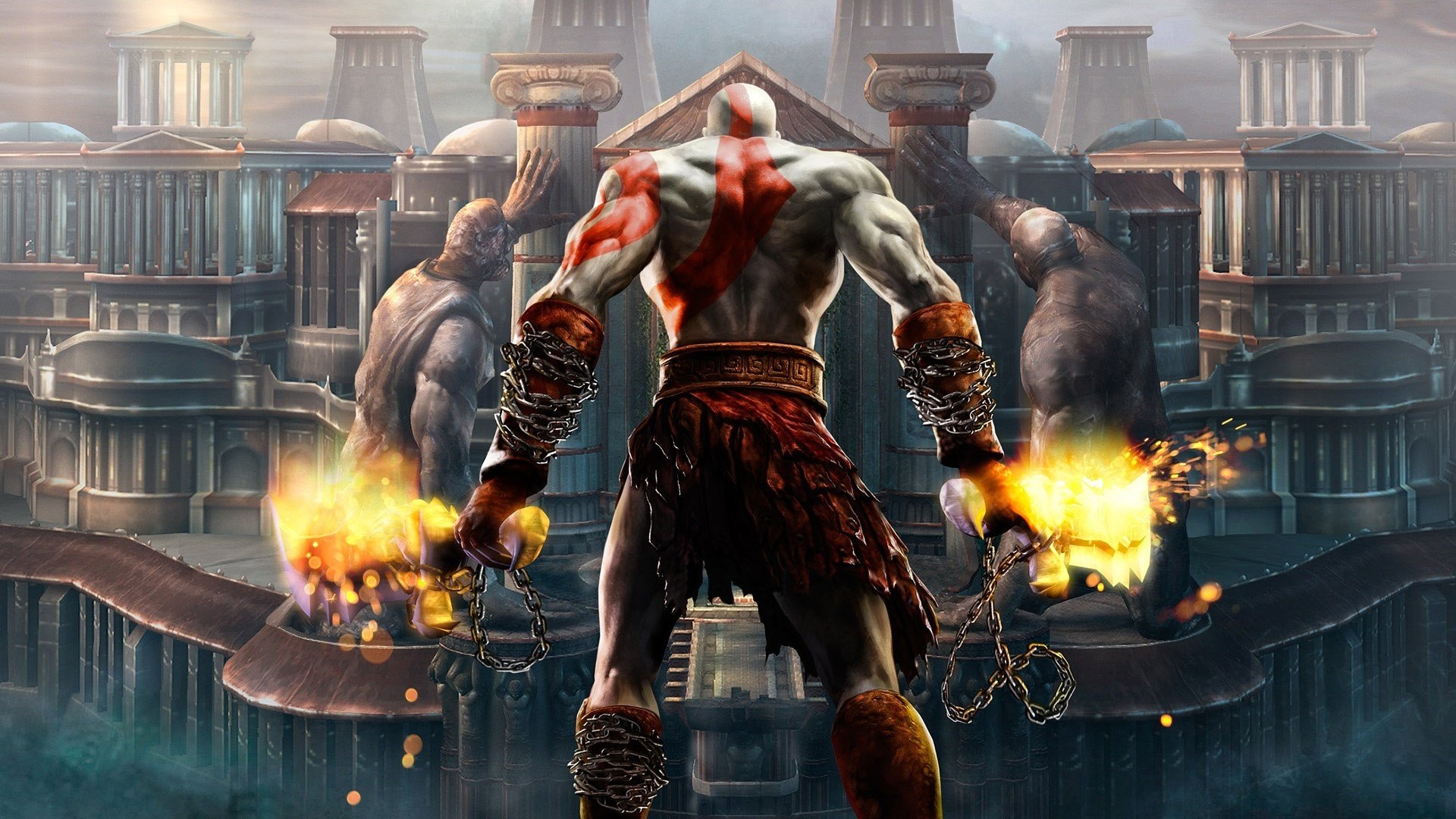 wojownicy nocy spiea kolumny budynki fantasy potwór łańcuchy ogień starożytne miasto god of war