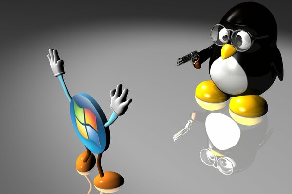 Penguin punta la pistola al logo di windows