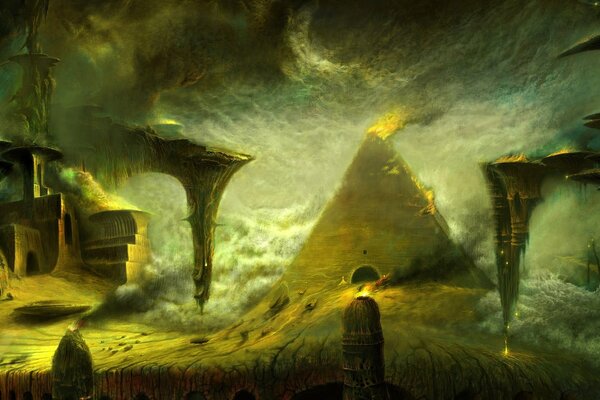 Landscape with twisted clouds and pyramids