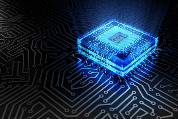 Microchip blu luminoso sulla scheda