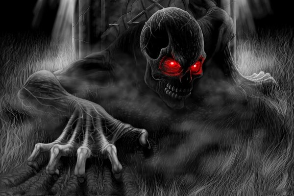 Crâne avec des yeux rouges de l extérieur