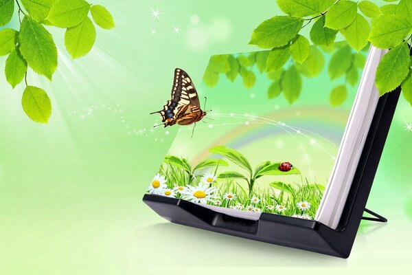 Positive creative background summer with a butterfly, ladybug, daisies, greenery, leaves new technologies of merging with nature