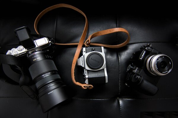 Gorgeous cameras on black leather