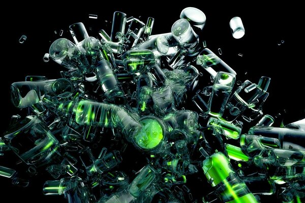 Background of a pile of space debris and green liquid in glass bottles