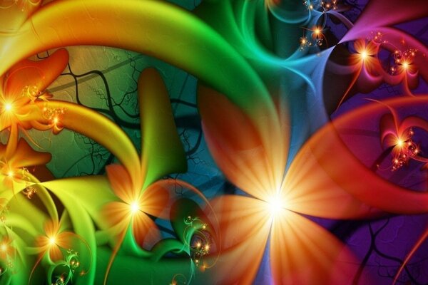Sfondo fantasy con nastri multicolori, fiori e bagliore di macchie colorate
