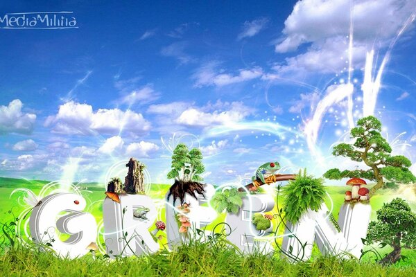 Three-dimensional letters on a green field