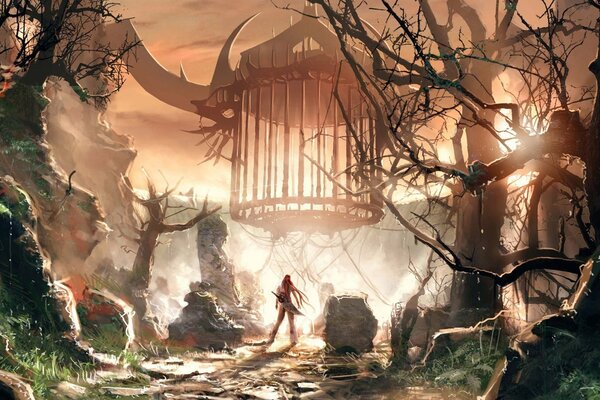 Fearless warrior, flying monster, Hanging cage
