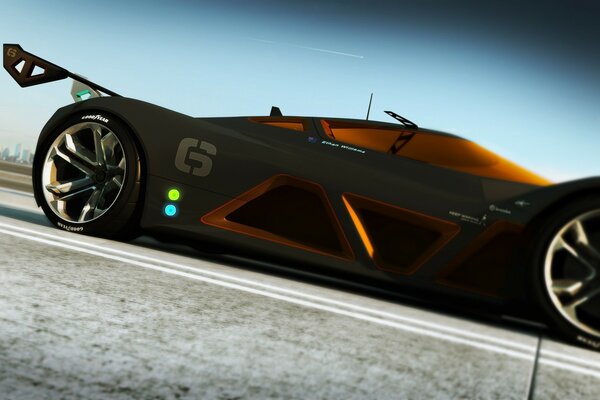 Supercar noir et orange sur l asphalte sur fond de ciel