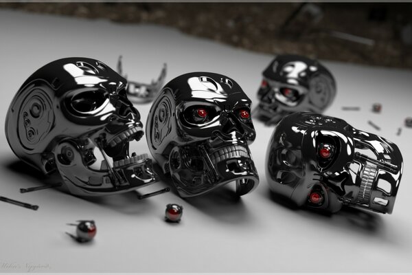 Metallic black skulls with red eyes