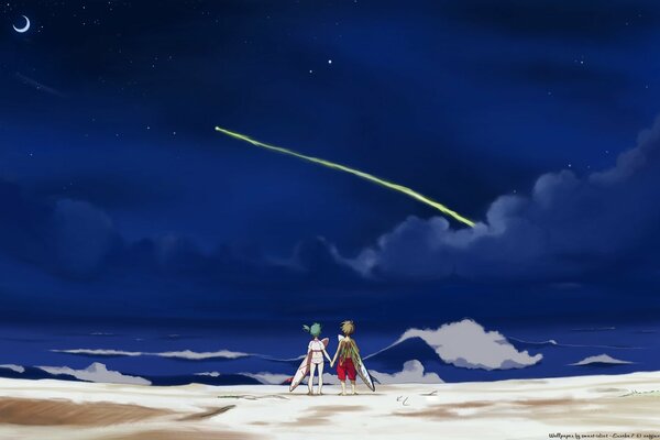 Dessin d une étoile filante dans le style anime. Un couple regarde une étoile tomber