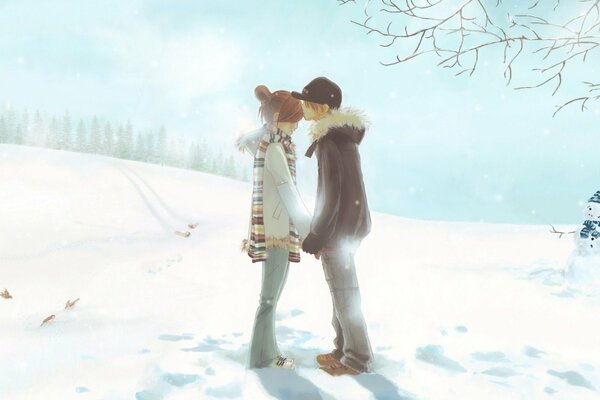Teenagers in love on a snowy field