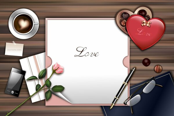 A lover s set with letters sweets and flowers on the table