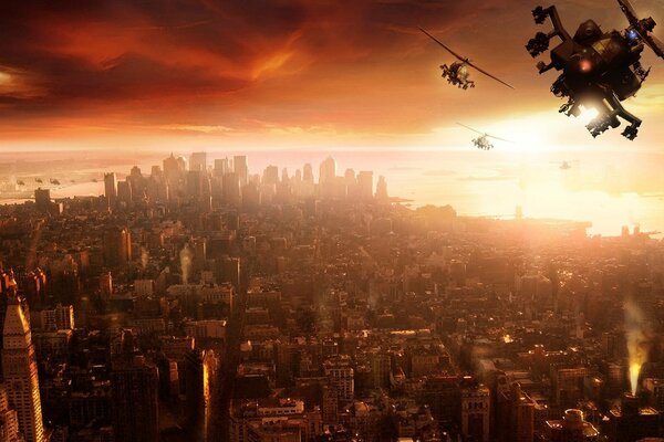 Grande città e tramonto arancione