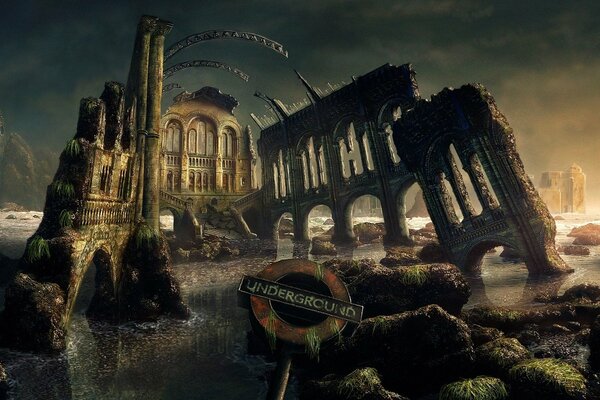 The remains of a ruined city overgrown with moss
