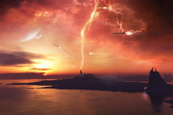 A red sky shrouded in a thunderstorm