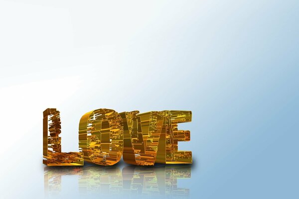 Lettera D amore in oro OEM su sfondo bianco e blu. Riflessione della voluminosa iscrizione LOVE